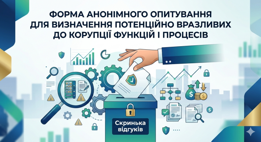Афіша анонімного опитування для виявлення корупційних ризиків. Зображено руку, що опускає анонімну анкету в скриньку, в оточенні символів фінансового моніторингу та аналізу.