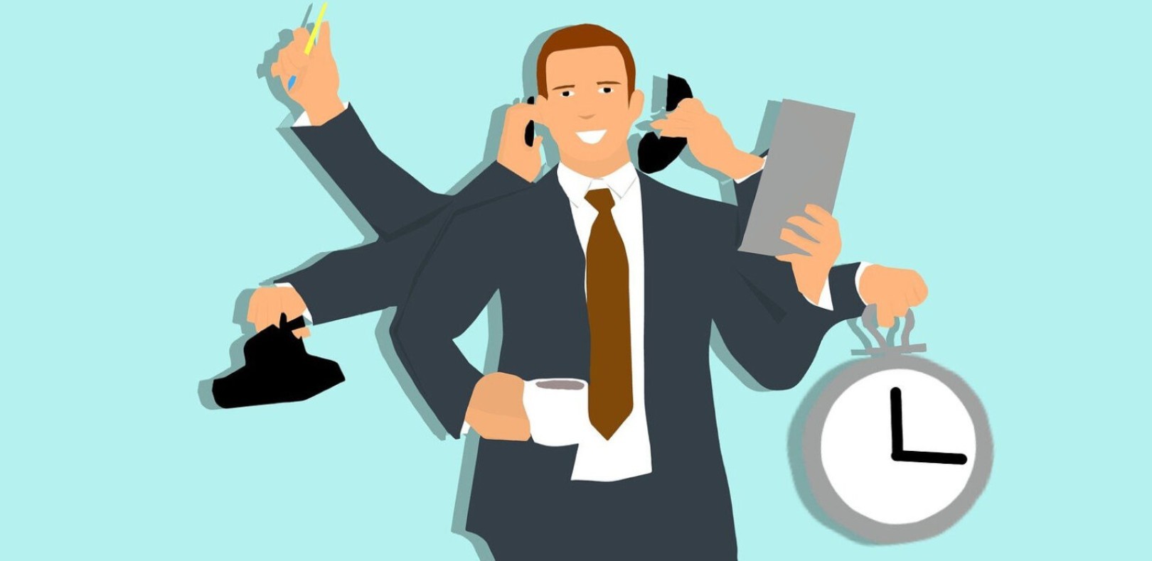 Ілюстрація чоловіка у діловому костюмі з кількома руками, який одночасно виконує різні завдання: говорить телефоном, тримає каву, документи, ручку та годинник