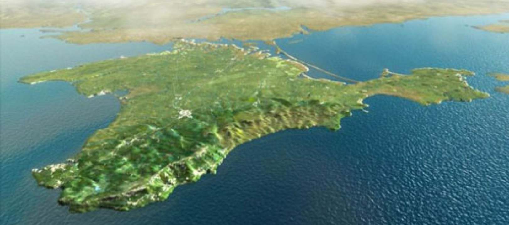 Аерофотознімок Кримського півострова, оточеного Чорним і Азовським морями.