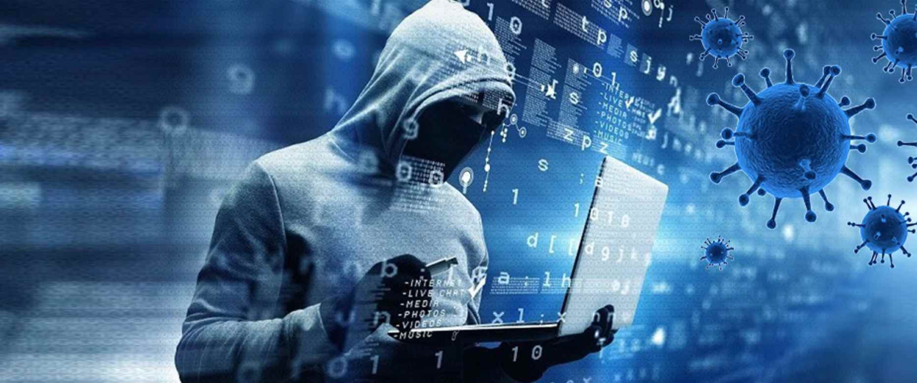 Ілюстрація людини за ноутбуком із цифровими елементами та символами, що відображають тему кібербезпеки та кіберзагроз.