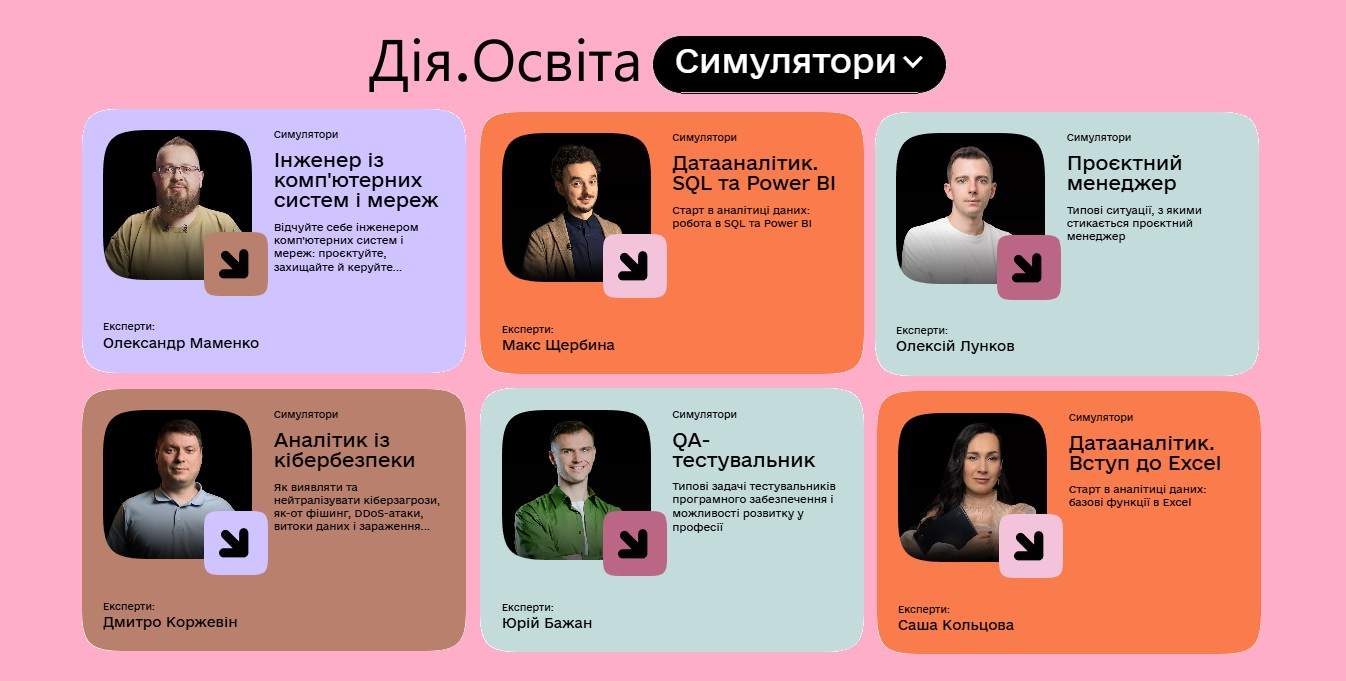 Промоблок розділу «Симулятори» на платформі «Дія.Освіта». На рожевому фоні розташовано шість карток із різними професійними симуляторами. Кожна картка містить фото експерта, назву симулятора та короткий опис.