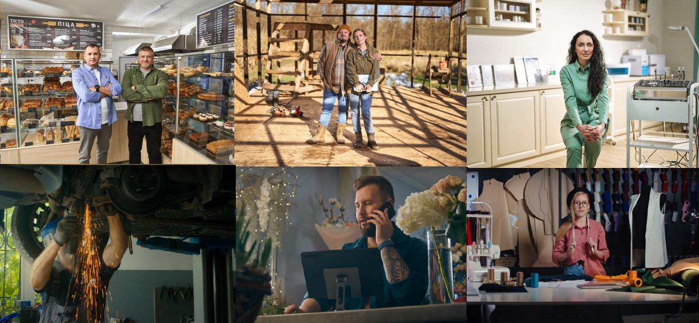 Колаж із фотографій українців, які відкрили власну справу завдяки державній грантовій програмі “Власна справа”. На зображеннях — власники пекарні, автосервісу, стоматологічного кабінету, фермерського господарства, квіткового магазину та швейної майстерні.