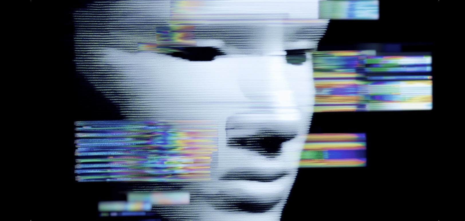 Абстрактне зображення стилізованого обличчя, сформованого з ліній та цифрових перешкод, яке символізує роботу штучного інтелекту; через зображення проходять кольорові смуги спотворення на темному тлі.