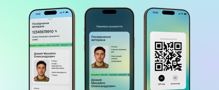 Екрани смартфонів із відображенням електронного посвідчення ветерана та QR-коду в застосунку