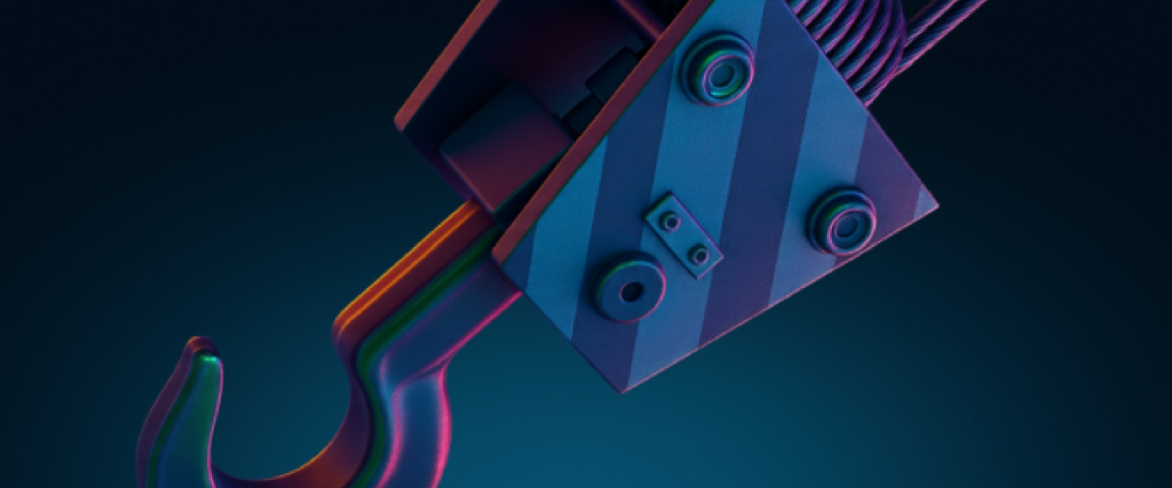 Металевий гак підйомного крана крупним планом, освітлений неоновим світлом на темному фоні.