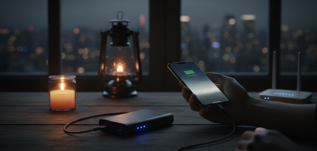 Рука тримає смартфон, який заряджається від портативного павербанка за допомогою USB-кабелю на дерев'яному столі. На задньому плані видно свічку, що горить, і гасовий ліхтар, а за вікном — темне нічне місто, що підкреслює ситуацію знеструмлення та важливість мобільних джерел живлення для підтримки зв'язку.