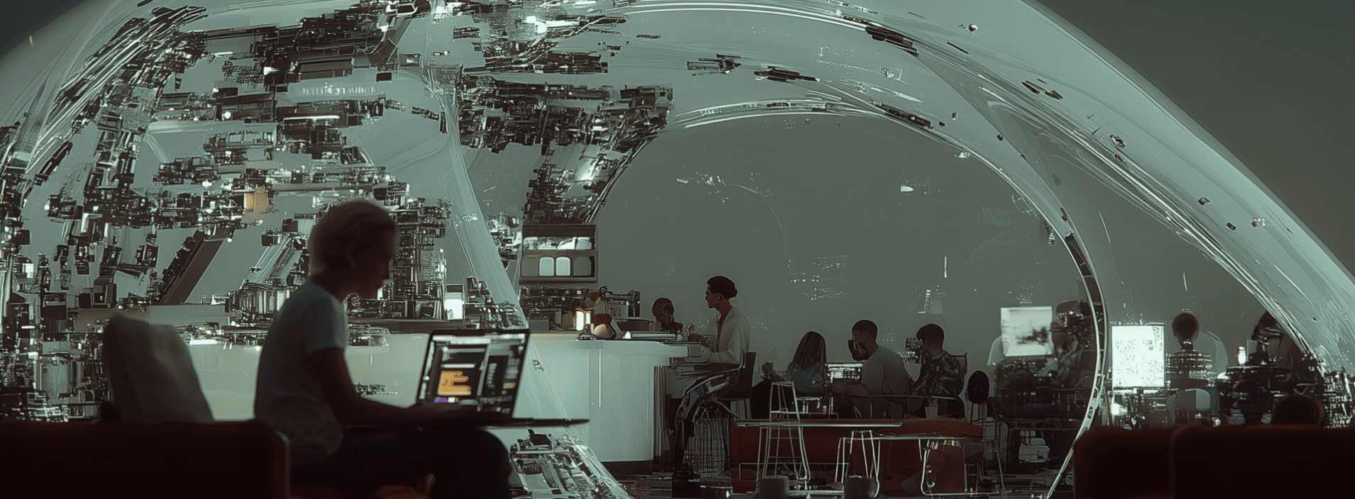 Люди працюють за ноутбуками в громадському просторі з автономним інтернет-зв’язком, що символізує роботу Пункту незламності без електропостачання.