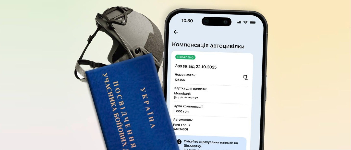 Смартфон із застосунком «Дія», на екрані — статус схваленої компенсації автоцивілки; поруч посвідчення учасника бойових дій і захисний шолом.