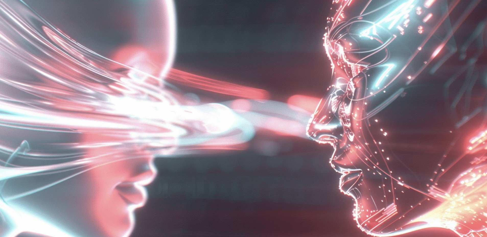 Футуристичне цифрове зображення двох облич, утворених світловими лініями, які ніби взаємодіють між собою, передаючи ідею зв’язку між людиною та штучним інтелектом.