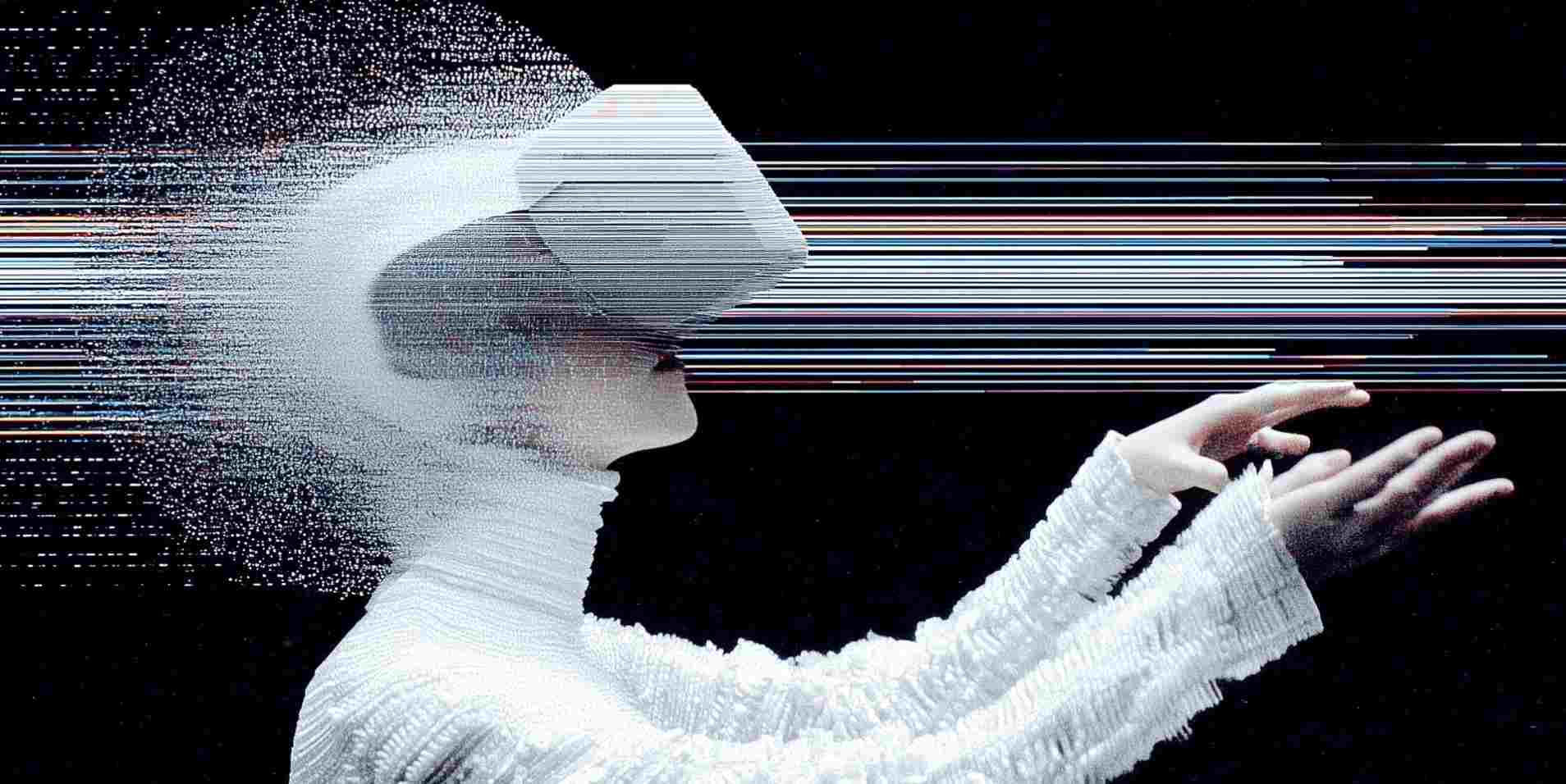 Людина у VR-окулярах взаємодіє з цифровими потоками даних, що символізує процес навчання штучного інтелекту