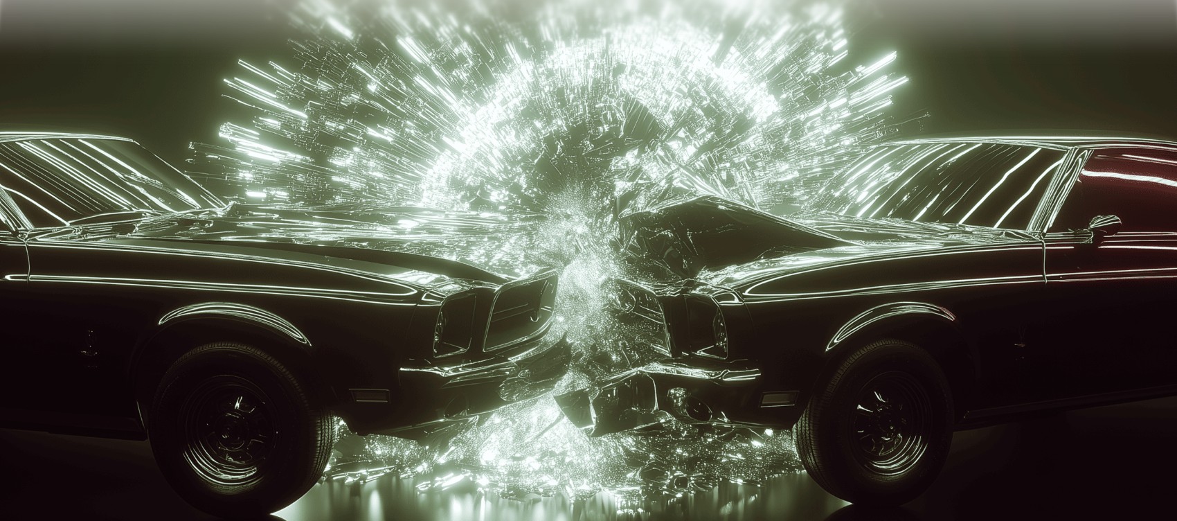 Дві машини стикаються фронтально, скло розлітається — стилізоване зображення дорожньої пригоди, що ілюструє можливість оформлення європротоколу в застосунку Дія.