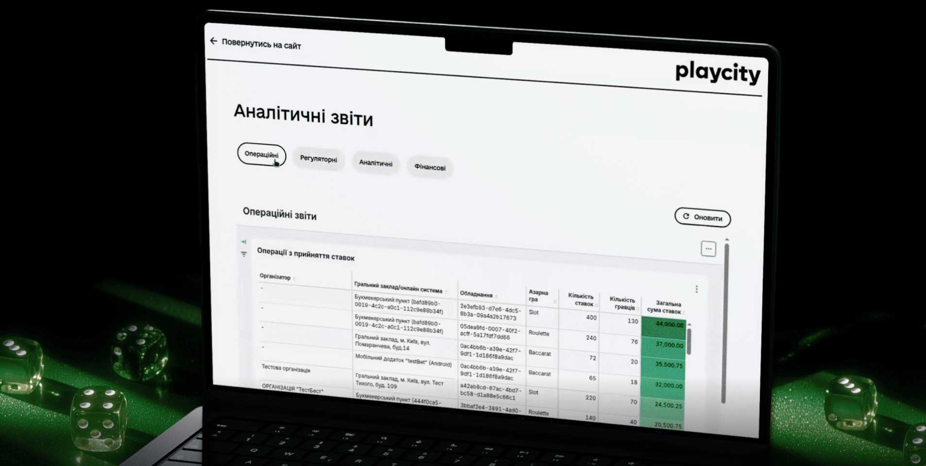 Інтерфейс аналітичних звітів з таблицями даних в ДСОМ на екрані ноутбука