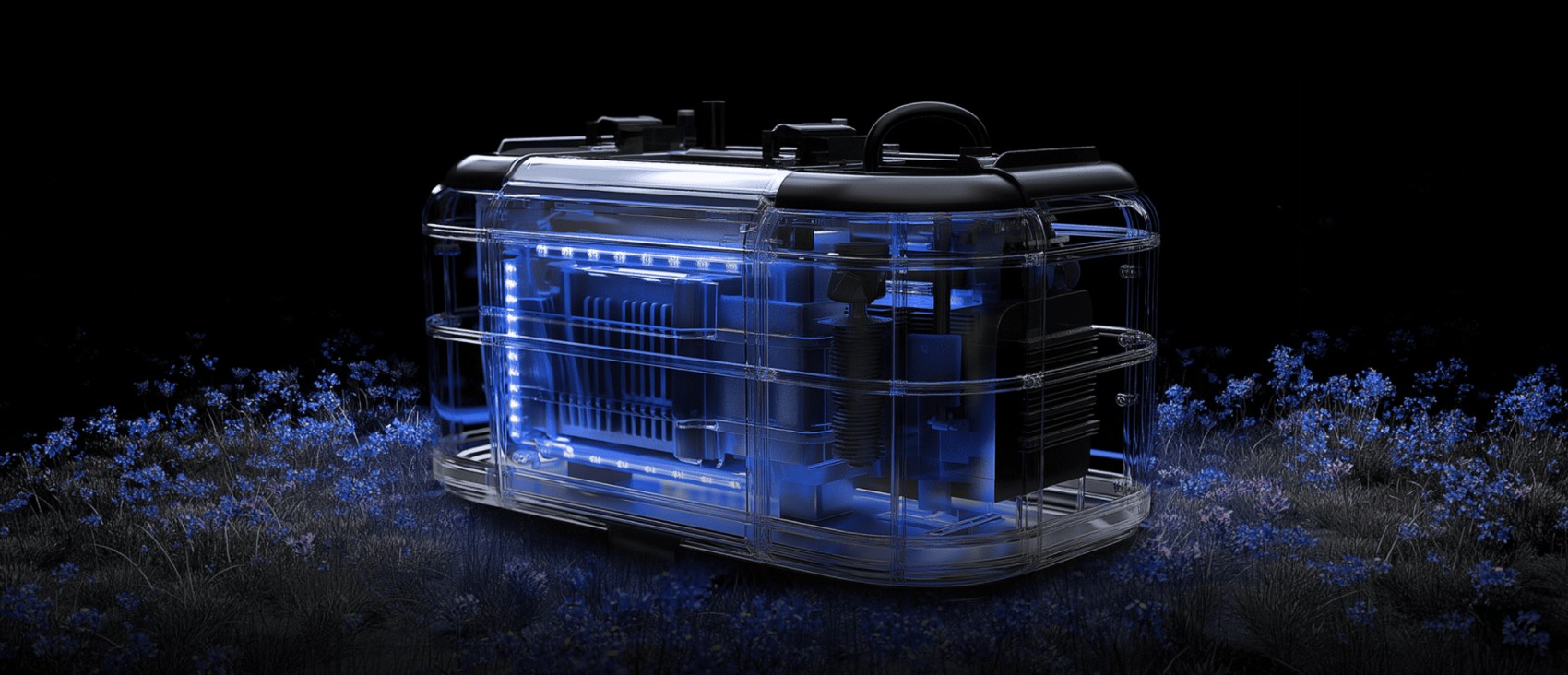 Концептуальне зображення генератора у футуристичному стилі, що світиться синім світлом, символізуючи надійний зв'язок та потужність у будь-яких умовах.