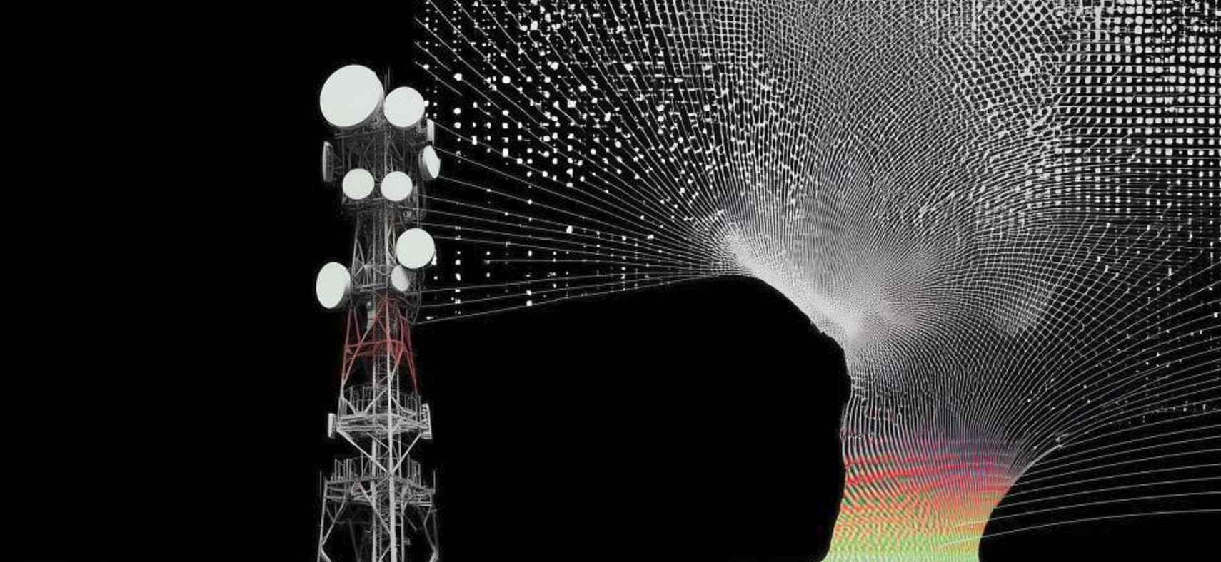 Абстрактне зображення телекомунікаційної вежі з антенами та візуалізацією поширення сигналу, що символізує мобільний звʼязок і передавання даних у складних умовах.