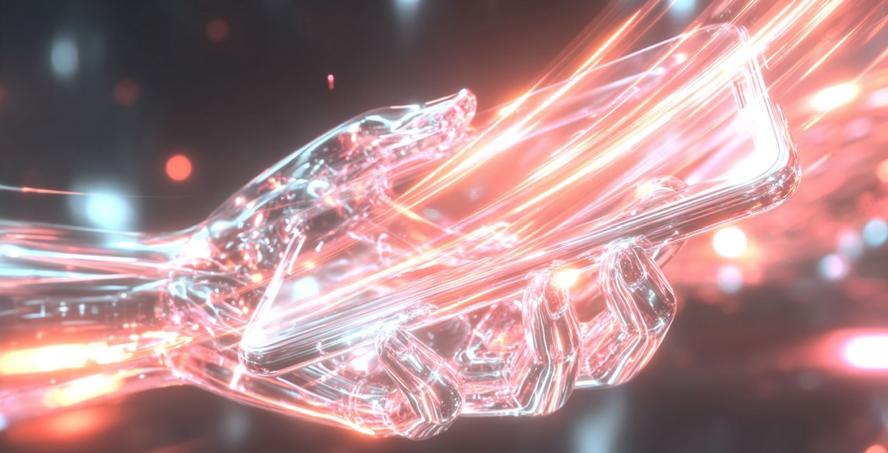 Прозора футуристична рука тримає смартфон у сяйві світлових ліній, що символізують безперервний цифровий зв’язок.