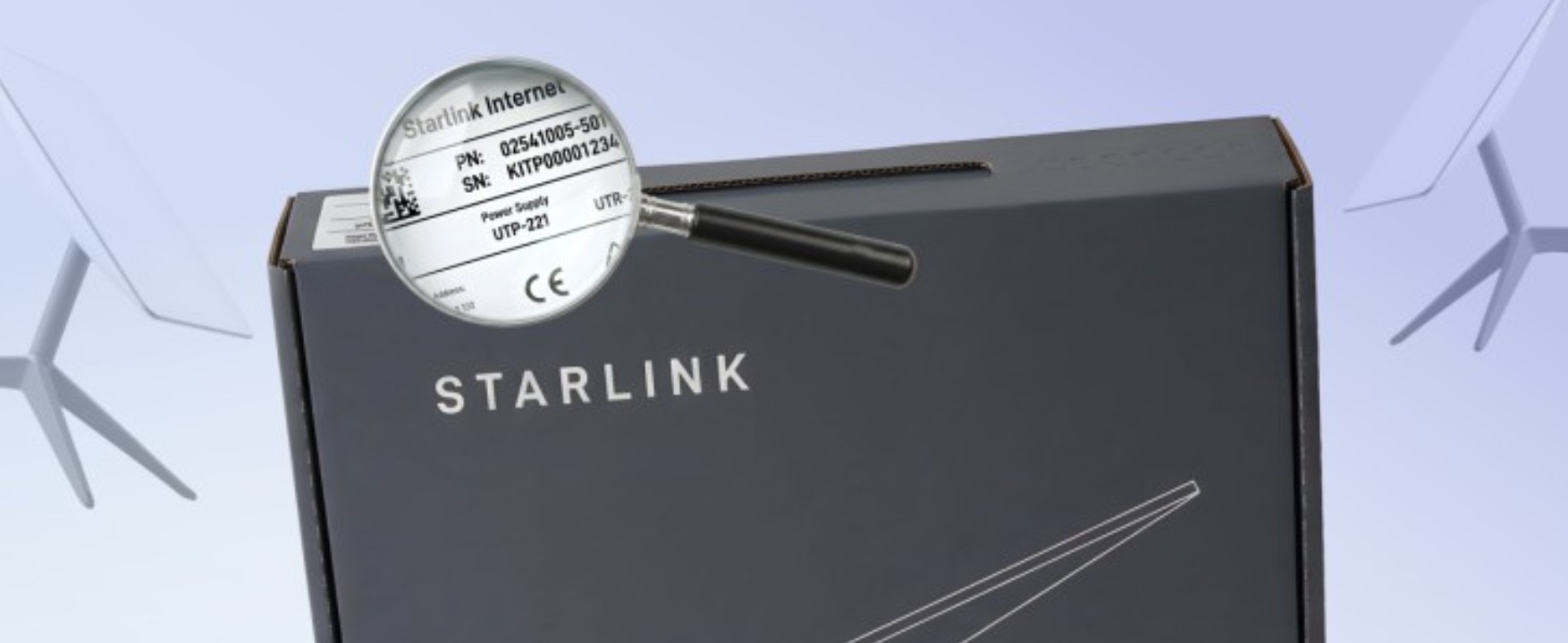 Коробка обладнання Starlink із логотипом бренду та збільшеним фрагментом серійної етикетки.