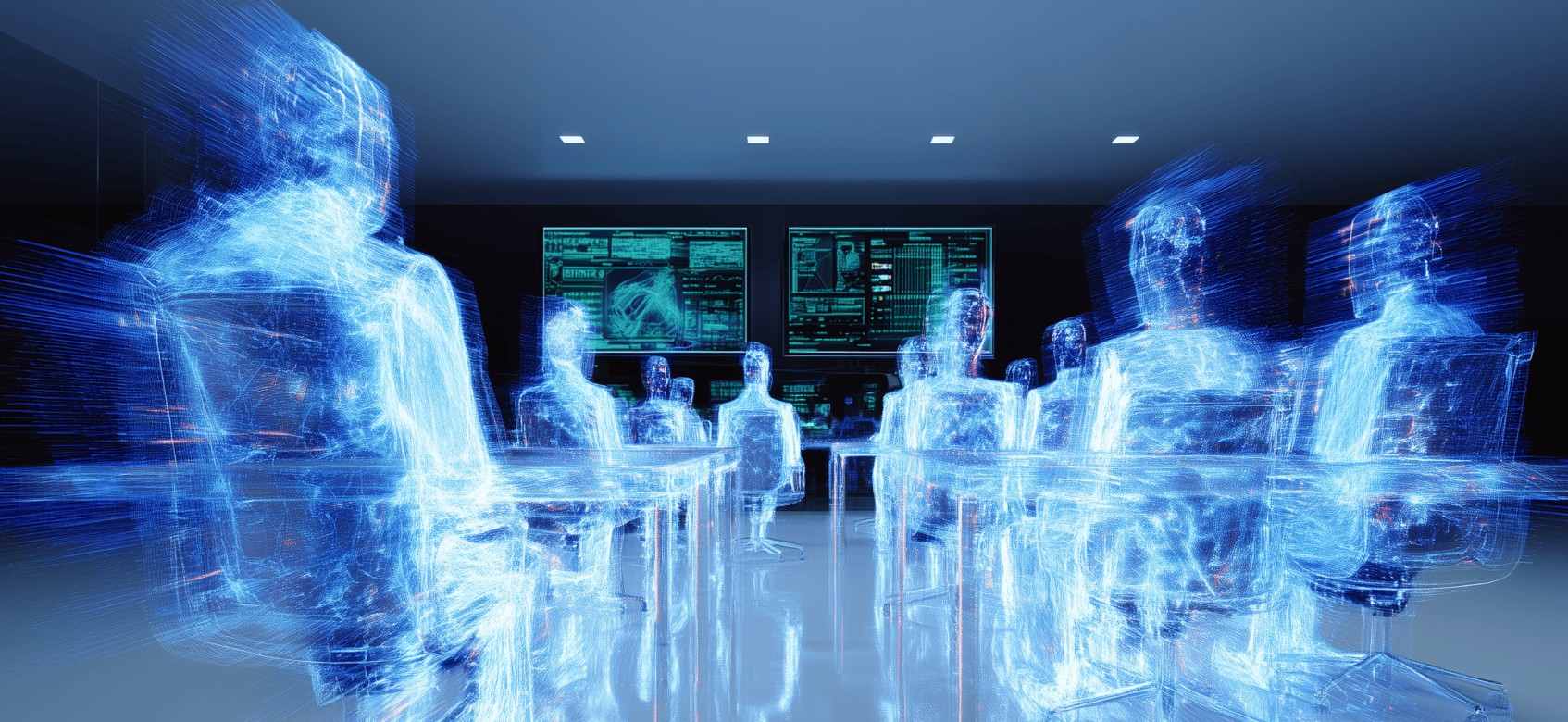 Футуристичне зображення уроку інформатики: силуети учнів, ніби створені зі світлових ліній чи цифрового сяйва, які сидять за столами перед великими екранами, що показують технічні дані.