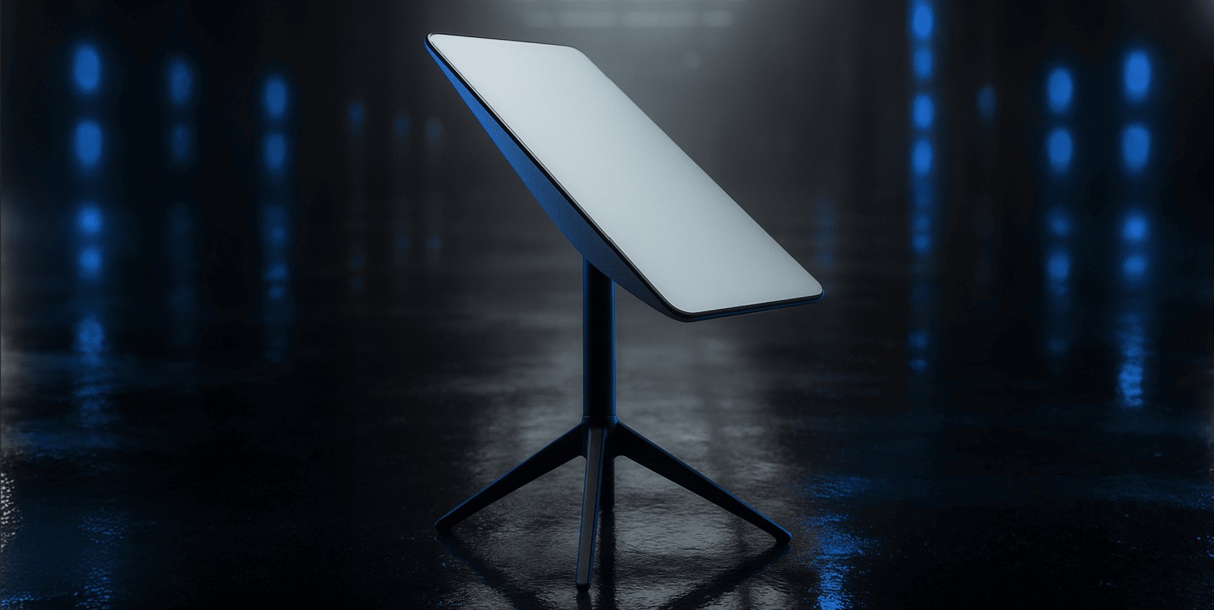 Супутникова антена Starlink на темному фоні з синім підсвічуванням. Ілюстрація технології супутникового зв’язку, доступного по всій Україні.