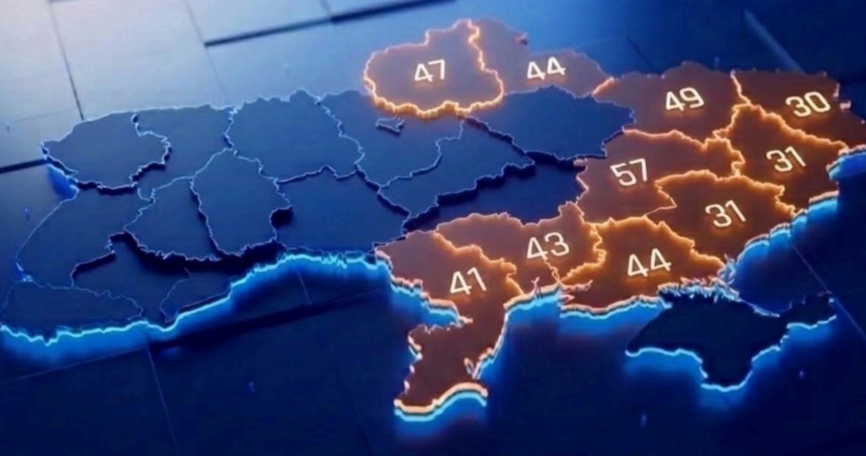 Карта з показниками по регіонах: Херсонська 44, Миколаївська 43, Одеська 41, Запорізька 31, Донецька 31, Луганська 30, Дніпропетровська 57, Харківська 49, Сумська 44, Чернігівська 47.