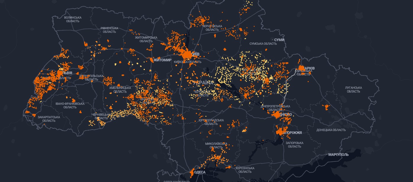 Мапа інтернету під час знеструмлень, яку створили ЛУН Місто спільно з Мінцифи.