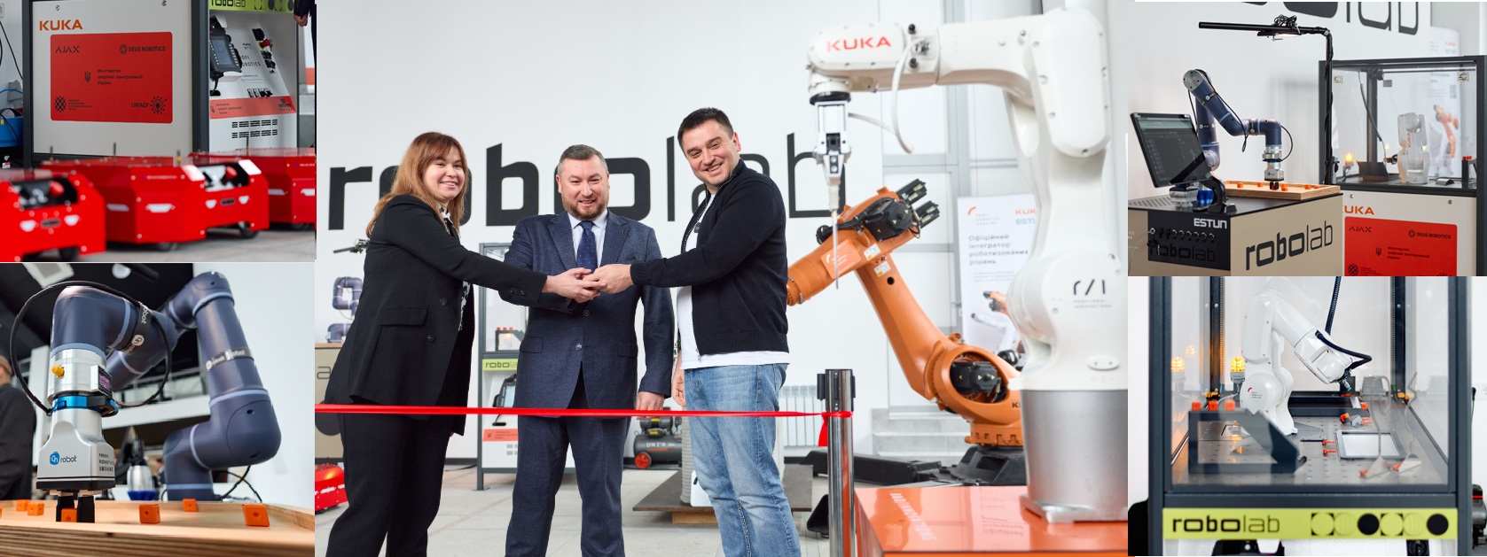 Колаж із фото лабораторії RoboLab: роботизовані маніпулятори, навчальні стенди та церемонія відкриття.