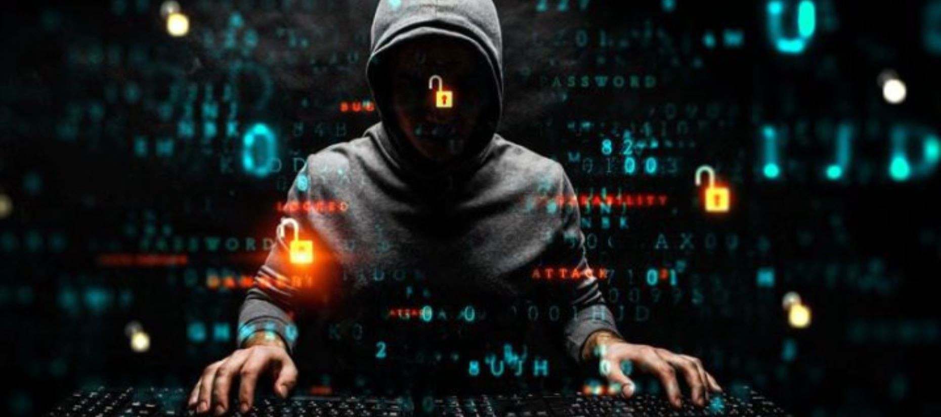 Ілюстрація людини за комп'ютером із цифровими елементами та символами, що відображають тему кібербезпеки та кіберзагроз.