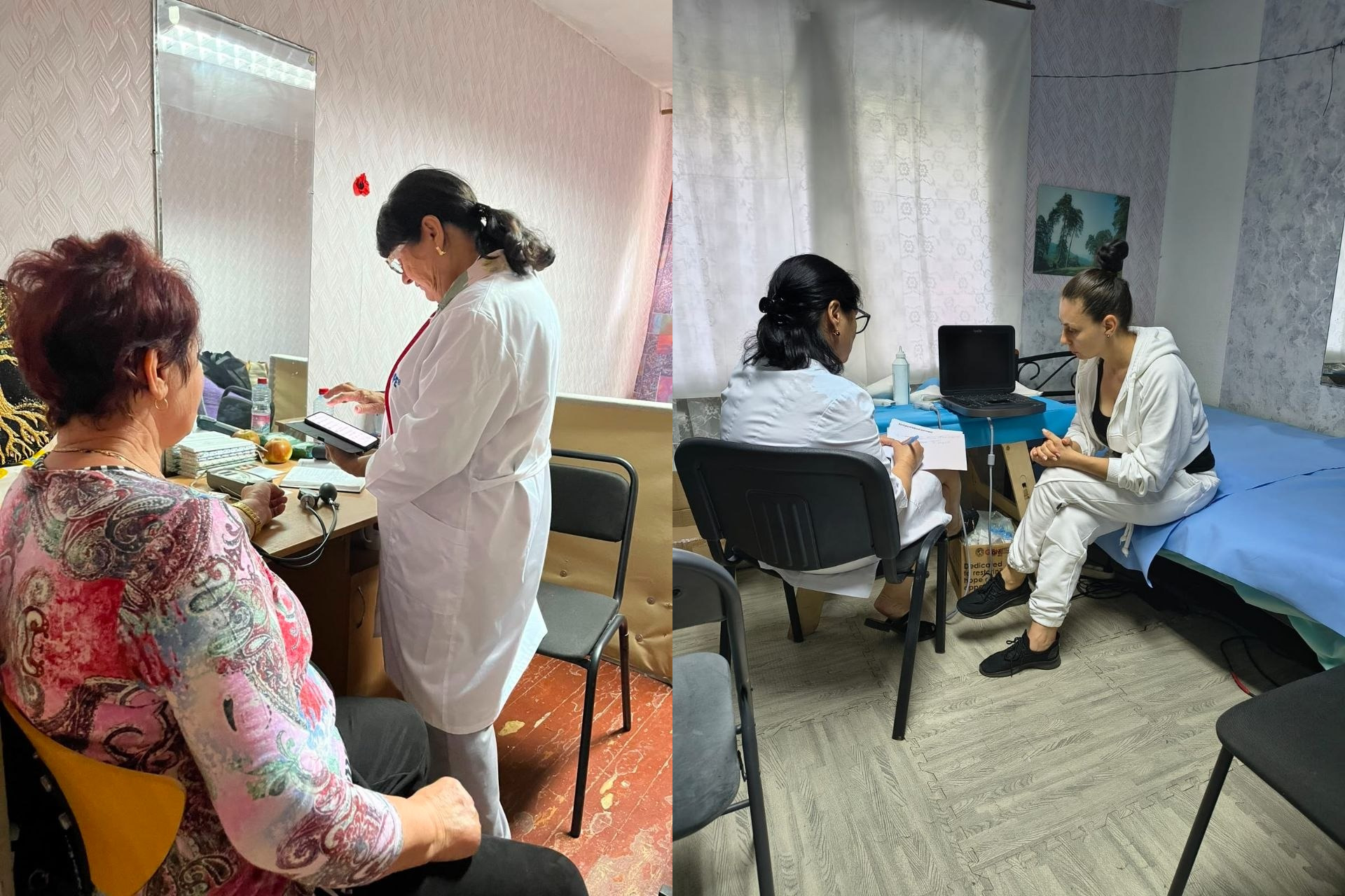 Колаж із двох фотографій ілюструє прийом пацієнток лікарями Нововоронцовської центральної районної лікарні в координаційному центрі «Вільні разом» у Дніпрі. На лівому знімку терапевт у білому медичному халаті зі стетоскопом на шиї проводить огляд літньої жінки у барвистій блузі, вимірюючи їй артеріальний тиск за допомогою тонометра на дерев'яному столі та занотовуючи дані у смартфон. На правому знімку зафіксовано консультацію гінеколога, де лікарка в окулярах сидить на чорному стільці спиною до камери та виписує медичний висновок чи рецепт на аркуші паперу для дівчини у білому спортивному костюмі, яка сидить навпроти неї на медичній кушетці поруч із портативним діагностичним апаратом, на якому відвідувачі проходять УЗД. Загалом під час цього виїзду фахівці надали 96 медичних консультацій та діагностичних обстежень, включаючи огляди терапевта, гінеколога й флюорографію для людей, яких війна змусила залишити власні домівки.