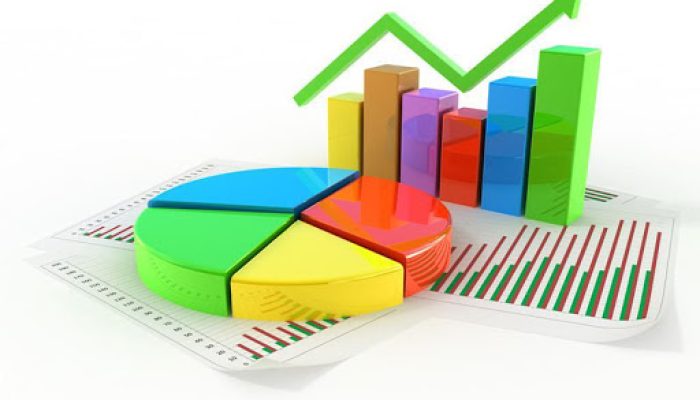 Тривимірна графічна ілюстрація фінансової статистики, що включає різнокольорову кругову діаграму, стовпчикову діаграму зі стрілкою вгору та паперові звіти з графіками.