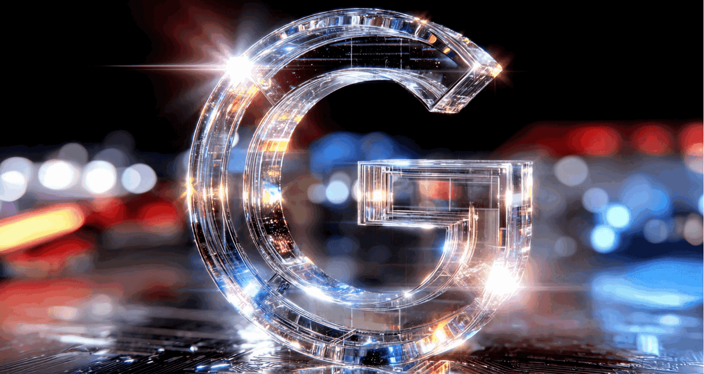 Велика об’ємна літера «G», зроблена з прозорого скла або кристалу, з відблисками світла та віддзеркаленнями на блискучому тлі з вогнями. Загальне враження — футуристичне, технологічне, асоціюється з цифровими інноваціями та брендом Google.