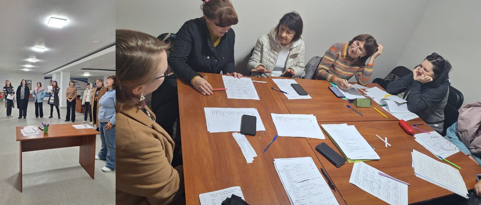 Колаж з двох фотографій, що зображує навчання або зустріч жінок. На лівій фотографії група жінок стоїть у приміщенні біля столу, ймовірно, перед початком заняття. На правій фотографії кілька жінок сидять за дерев'яним столом, нахилившись над документами та роблячи записи, що вказує на навчальний процес чи роботу в групі.