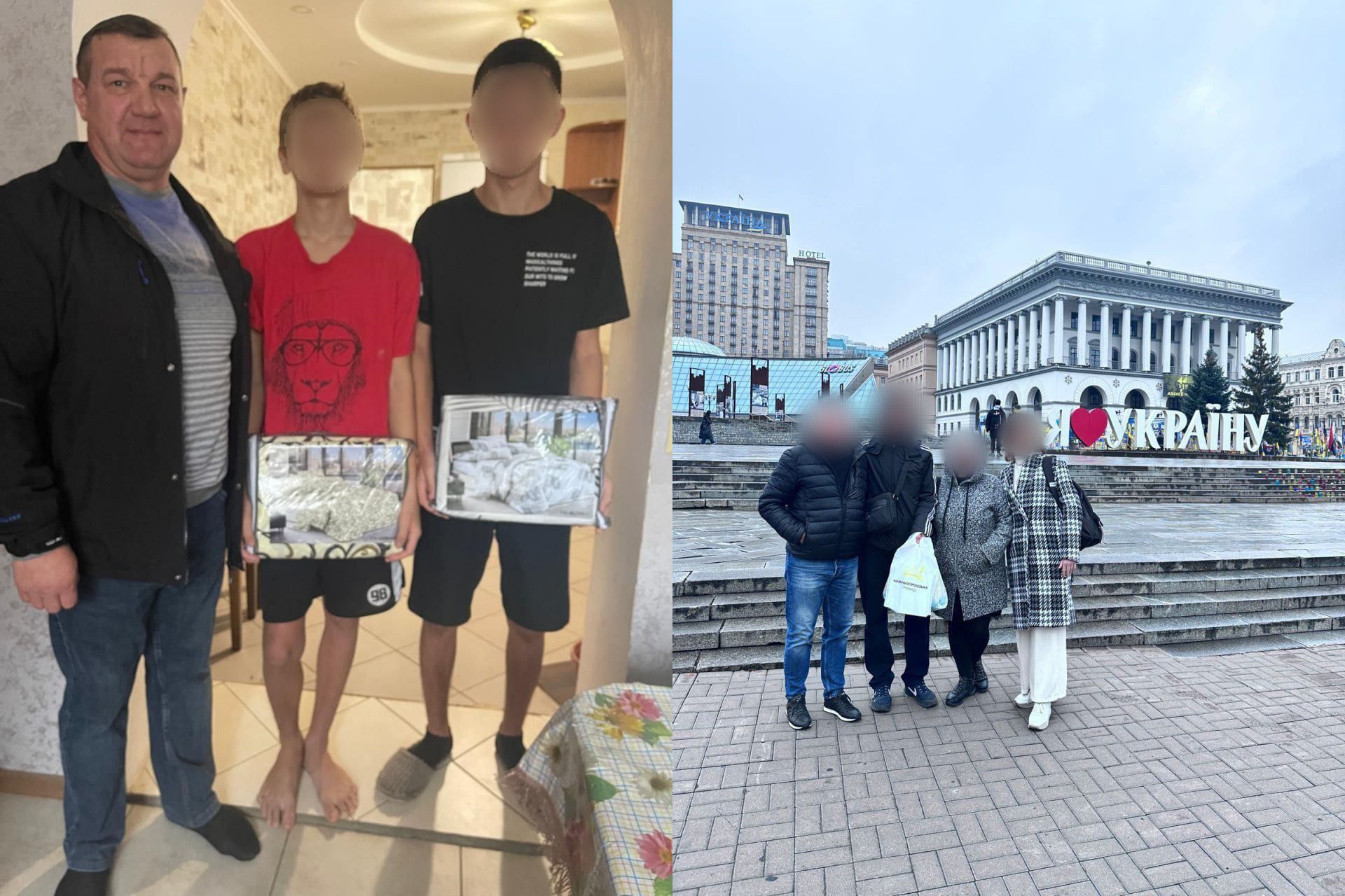Дві частини фото: Зліва — троє чоловіків (двом із яких приховані обличчя) стоять у приміщенні, двоє молодших тримають у руках пакунки з постільною білизною. Справа — четверо людей (з прихованими обличчями) стоять на Майдані Незалежності в Києві на тлі великого напису УКРАЇНА та готелю Україна.
