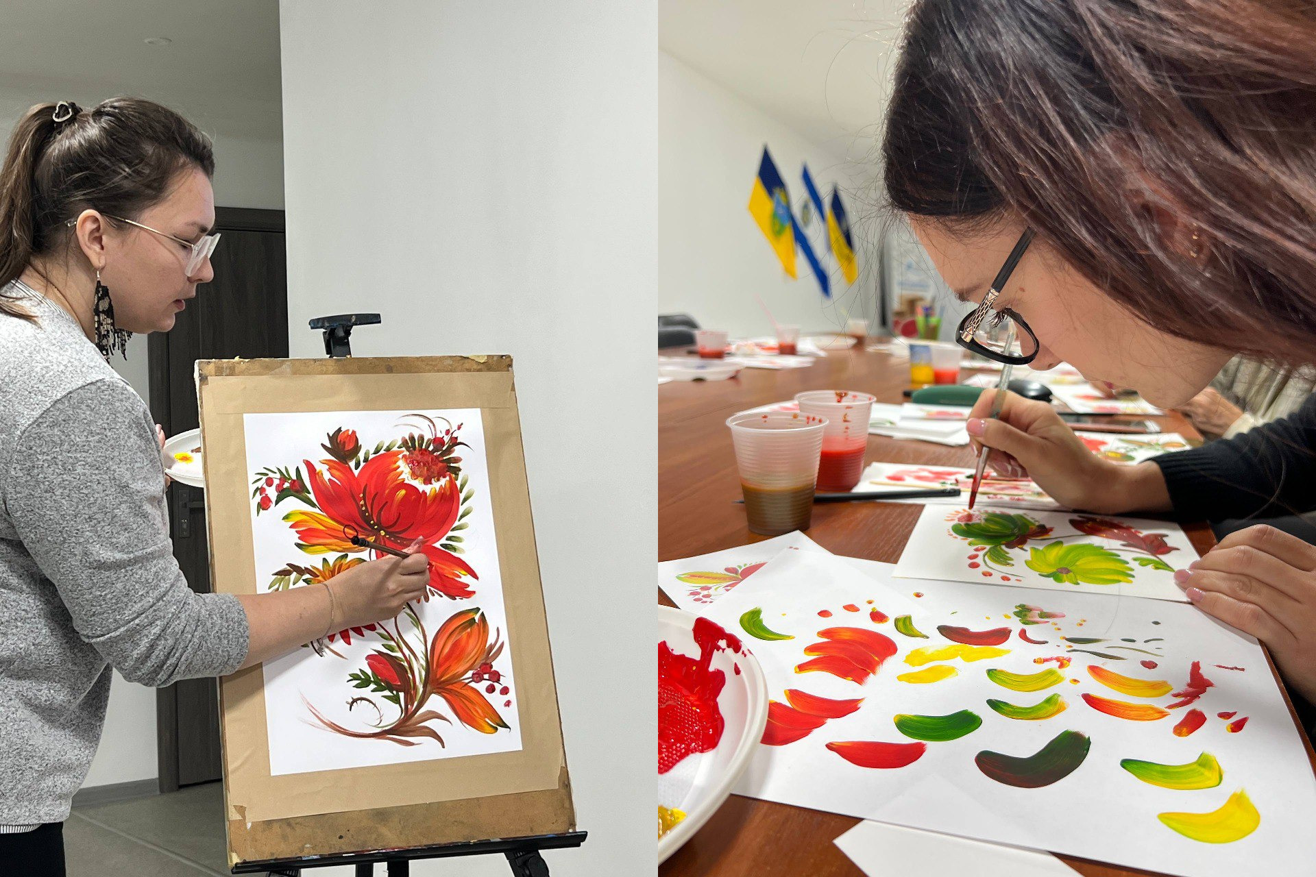 Колаж із двох фото: зліва жінка малює квітку у стилі петриківського розпису на мольберті, справа — процес малювання візерунків за столом великим планом.