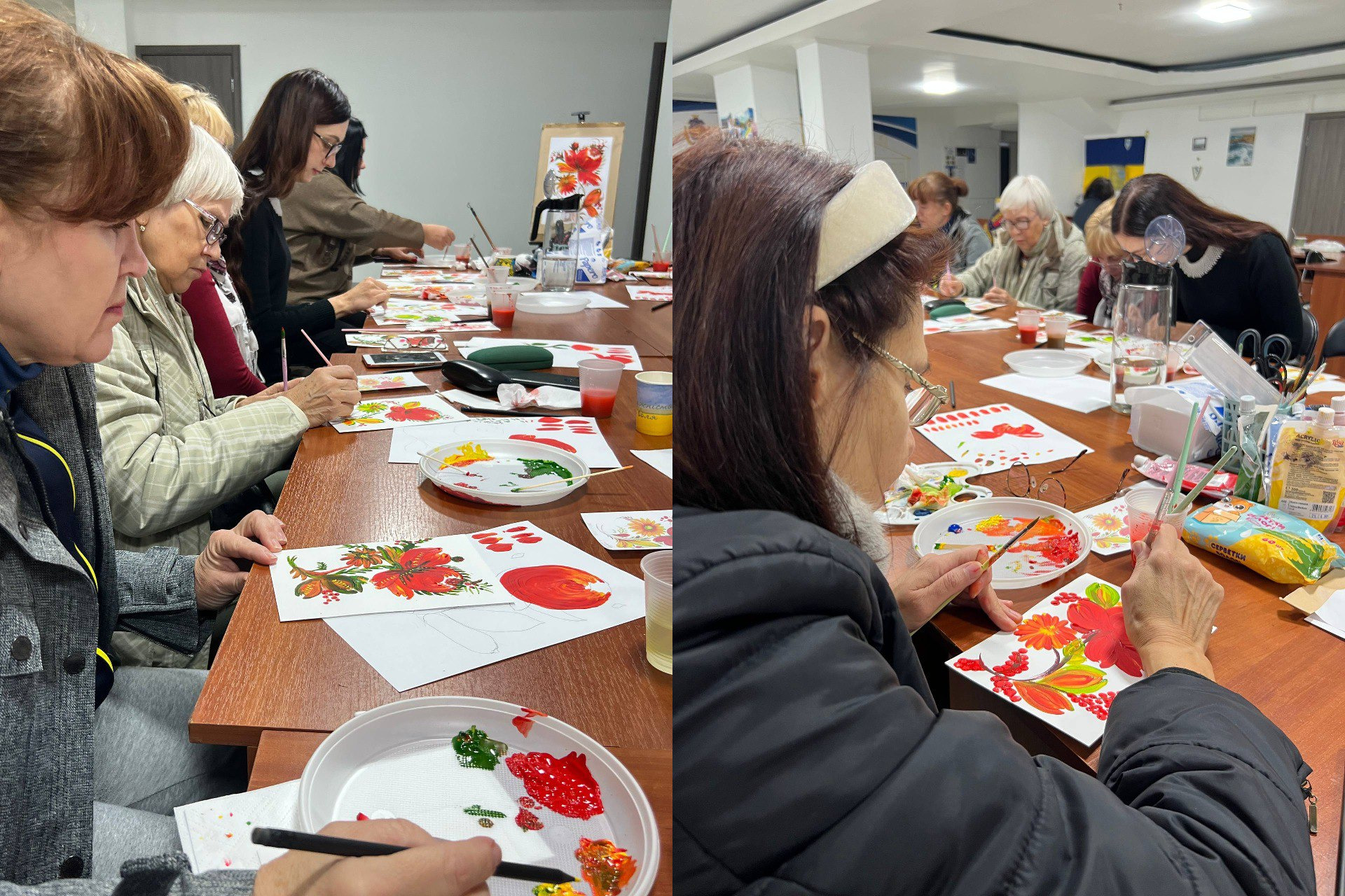 Колаж із двох фото: група жінок за довгим столом займається петриківським розписом на папері під час творчого майстер-класу.