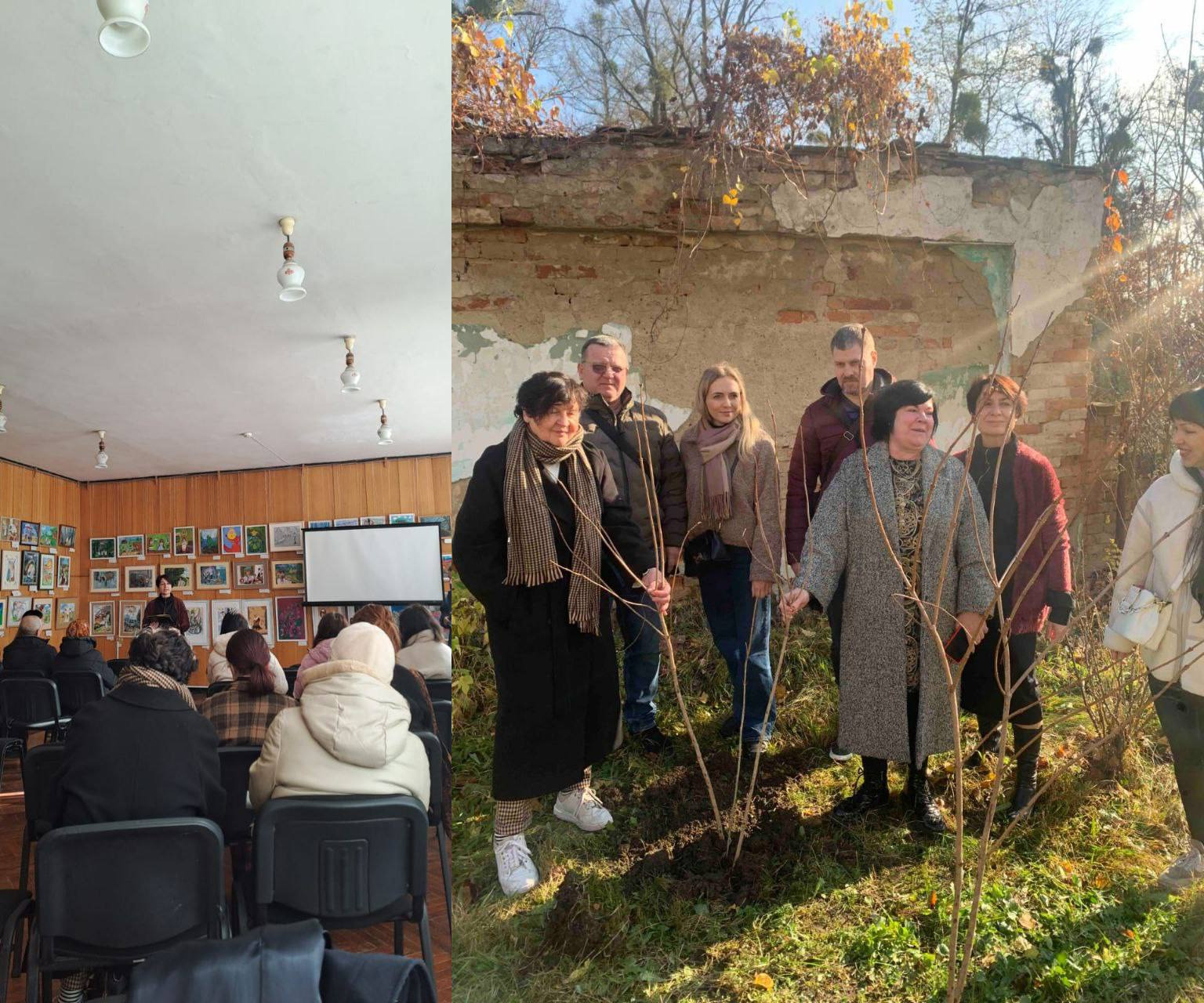 Зображення-колаж, де ліворуч група людей сидить у приміщенні на презентації чи лекції, а праворуч інша група людей стоїть на вулиці, тримаючи саджанці дерев, на тлі зруйнованої стіни.