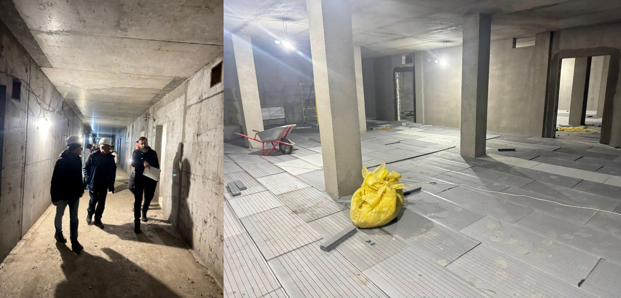 Колаж з двох фотографій, що демонструє внутрішні приміщення нового будівництва. На лівому знімку видно довгий бетонний коридор, де йдуть троє людей. На правому знімку – велике приміщення з бетонними колонами, на підлозі якого укладається сіра плитка чи теплоізоляційний матеріал.