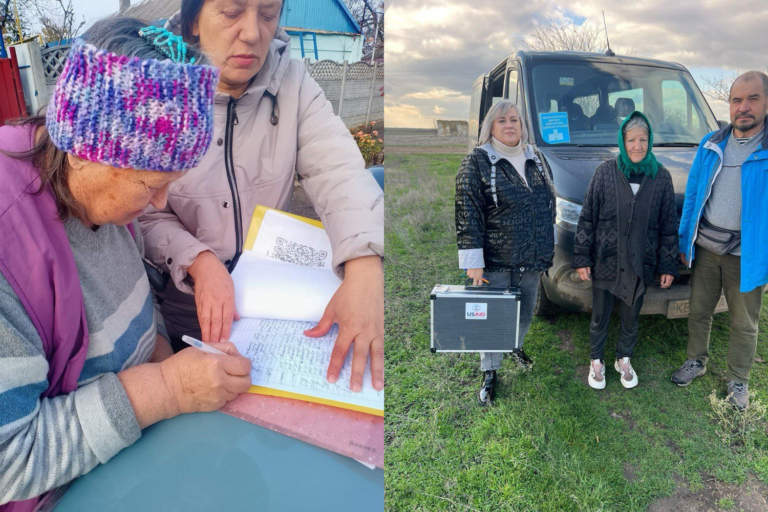 Колаж, що зображує надання допомоги населенню. На лівому знімку літня жінка у в'язаній шапці підписує документи, які тримає інша жінка, ймовірно, оформлюючи допомогу. На правому знімку двоє співробітників (жінка з валізою USAID та чоловік у синій куртці) стоять поруч із місцевою жителькою на сільській місцевості біля чорного автомобіля.