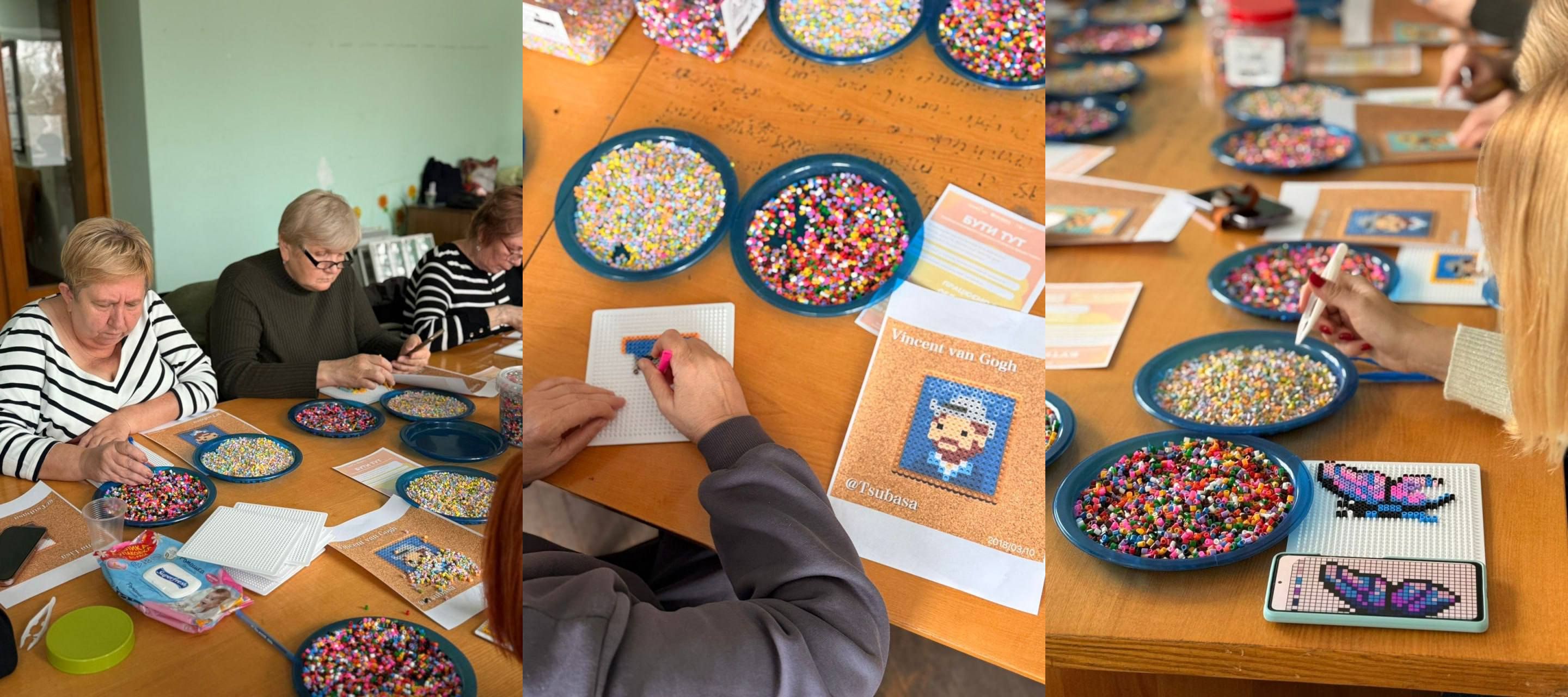 Колаж із трьох вертикальних фотографій, що документують майстер-клас із виготовлення піксельної мозаїки (або алмазної вишивки). Зображено учасниць за роботою, великим планом – готові роботи (метелик, портрет Ван Гога) та тарілки з різнокольоровими дрібними елементами.