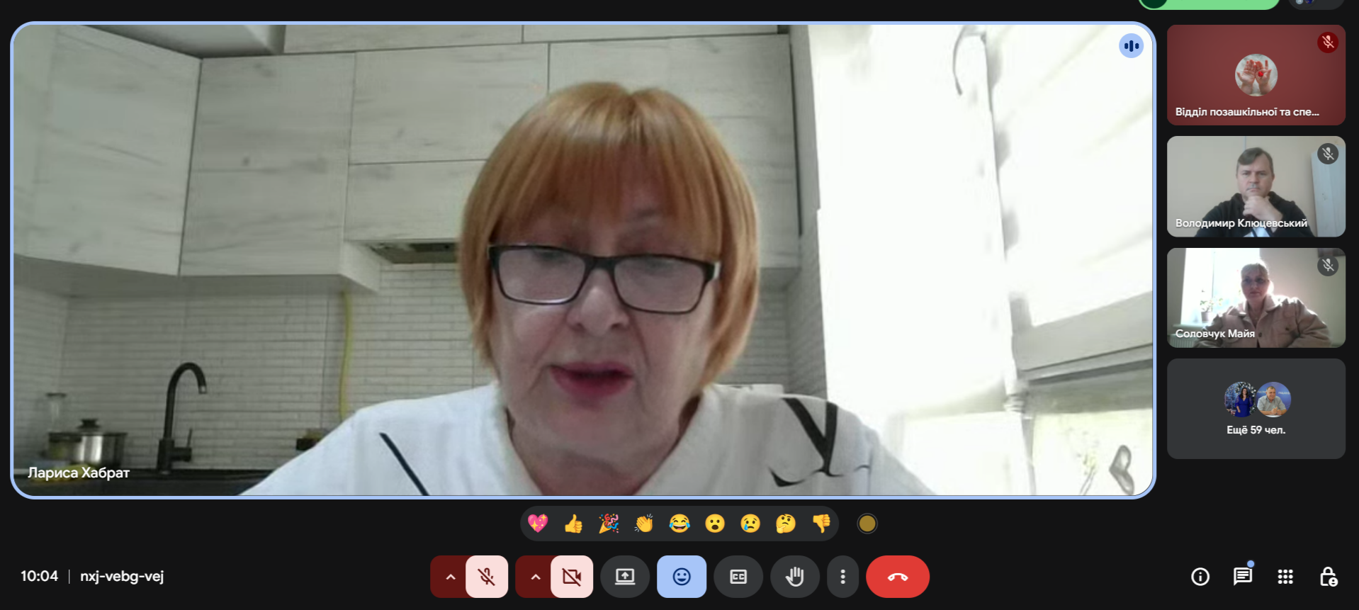 Скриншот онлайн-наради в Google Meet: у центрі — доповідачка, жінка в окулярах із рудим волоссям каре. Праворуч розташовані вікна інших учасників, а внизу — панель інструментів із кнопками керування та емодзі.