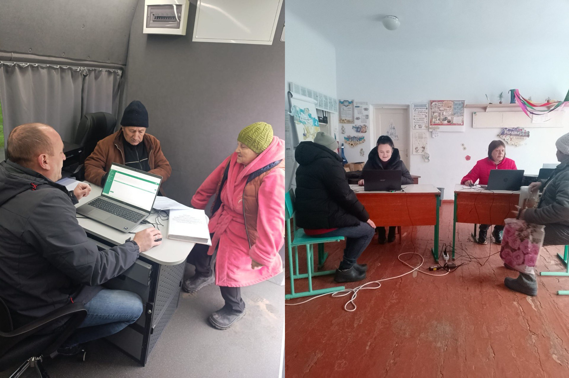Колаж із двох фотографій, на яких працівники надають адміністративні послуги громадянам: ліворуч — у спеціально обладнаному мобільному офісі, праворуч — у приміщенні.