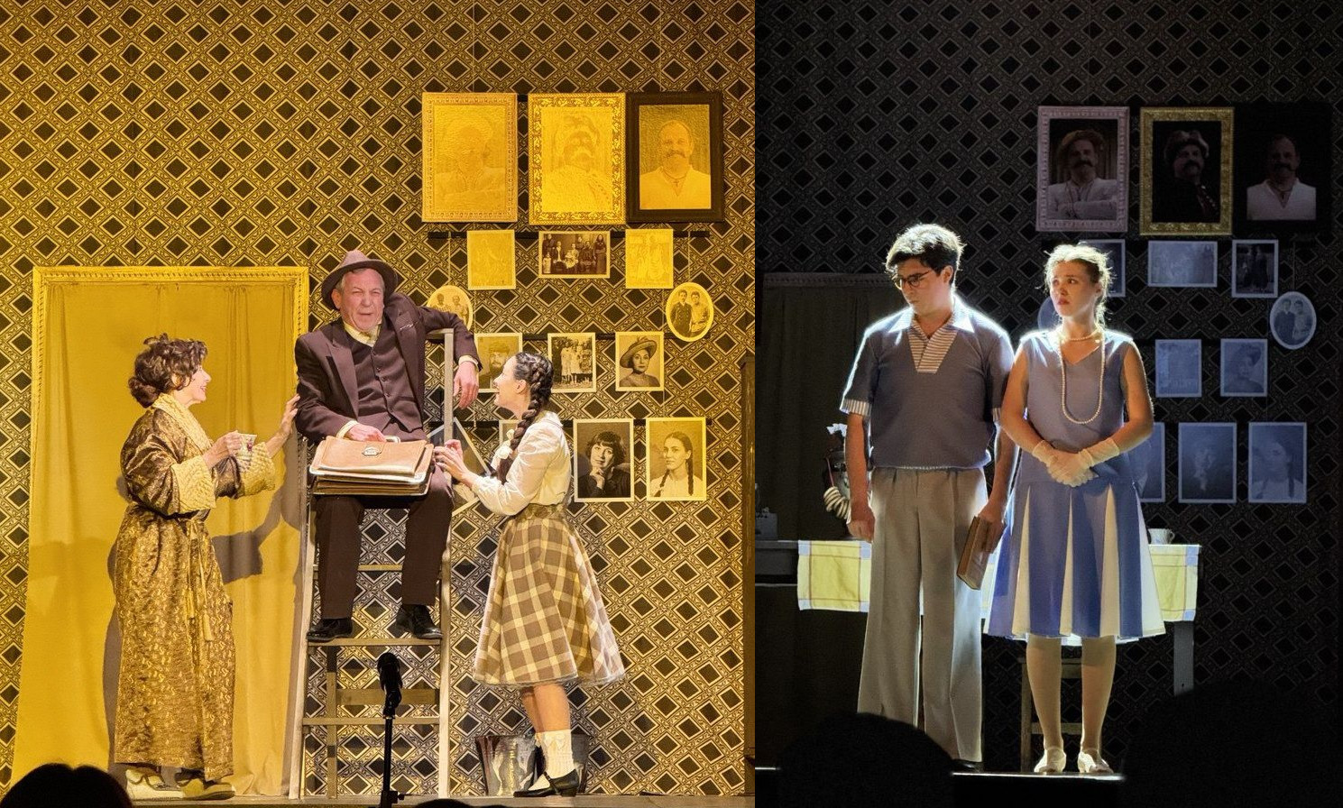 Колаж із двох фотографій театральної вистави. На лівому фото — яскраво освітлена сцена: троє акторів у костюмах минулого століття спілкуються на тлі стіни з візерунками та численними портретами в рамках. На правому фото — сцена у приглушеному синьому світлі: двоє молодих акторів у літньому вбранні стоять перед тією ж стіною з фотокартками.