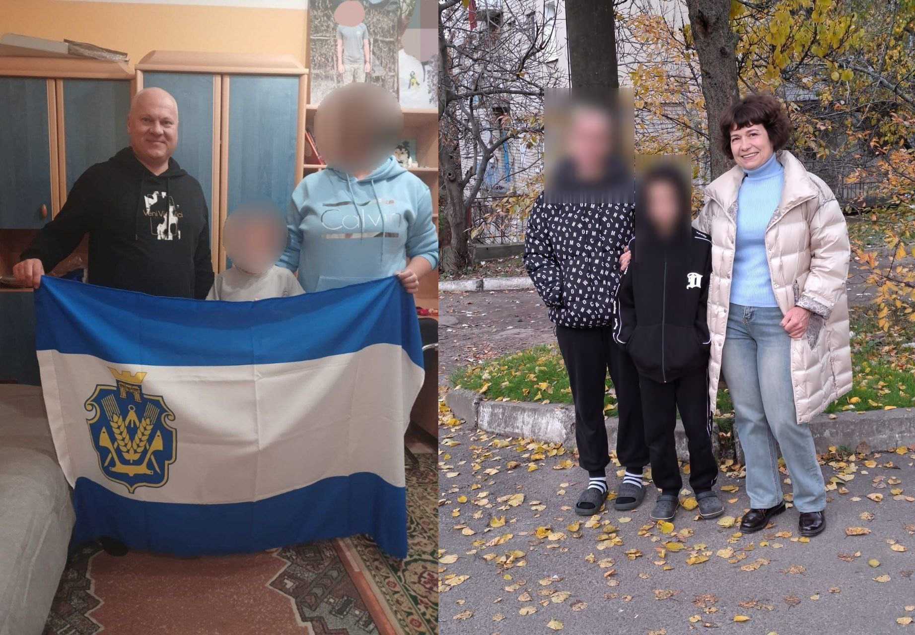 Колаж з двох фото: ліворуч — чоловік, жінка та дитина тримають прапор Херсонської області у приміщенні; праворуч — жінка та двоє дітей стоять на вулиці восени, навколо жовте листя.