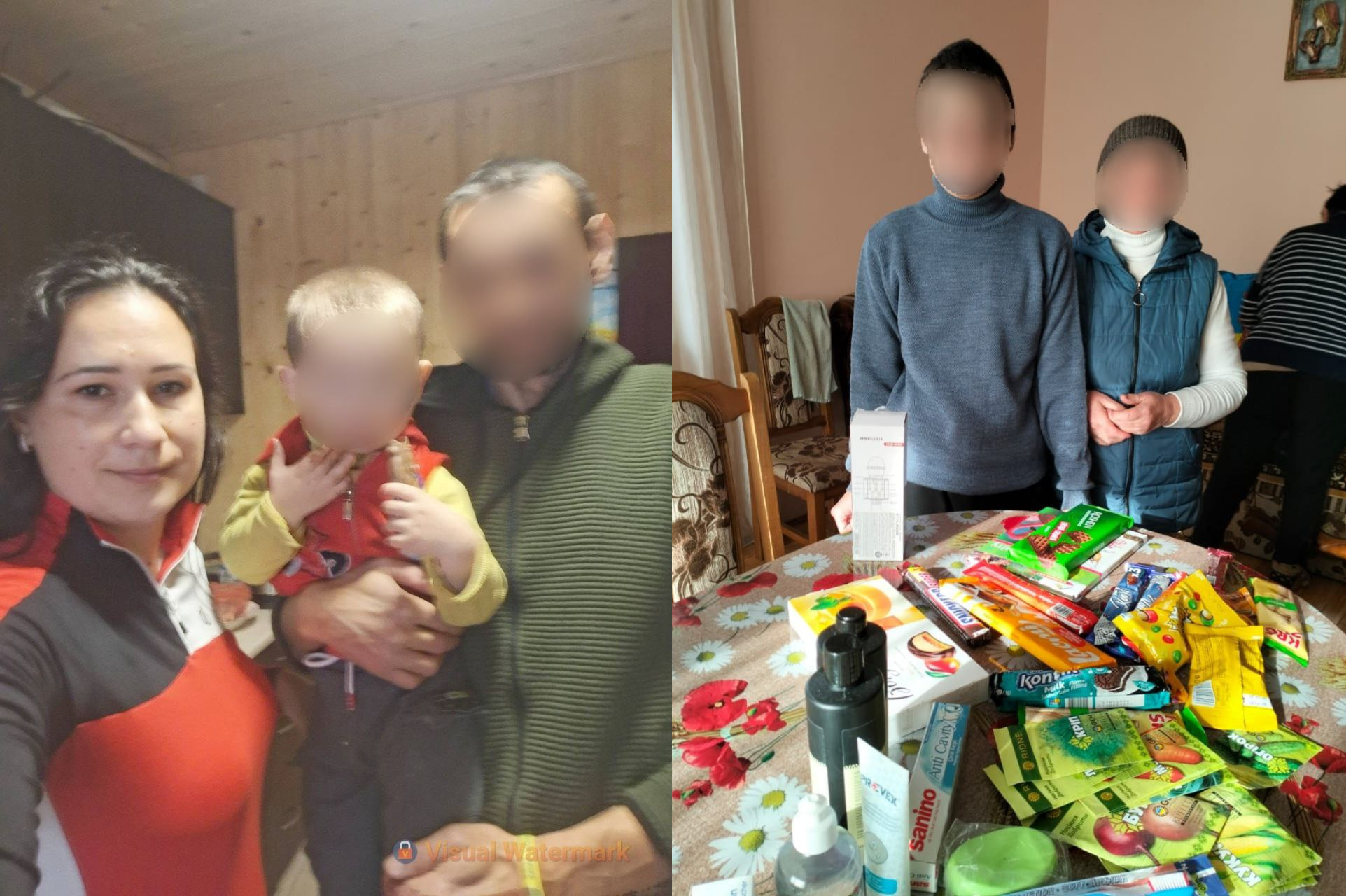 Колаж з двох фотографій: ліворуч — жінка, чоловік та дитина; праворуч — двоє людей стоять біля столу, заставленого продуктами харчування та засобами гігієни.