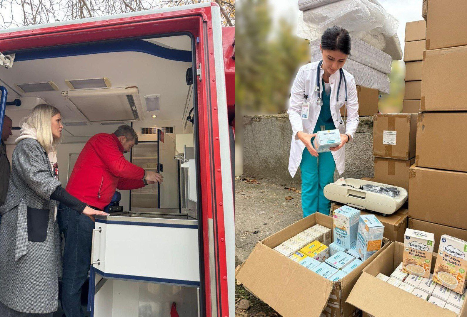 Два колажі. На лівому колажі чоловік у червоній куртці та світловолоса жінка завантажують або оглядають медичне обладнання всередині червоно-білої машини. На правому колажі жінка-лікар у білому халаті та бірюзовому хірургічному костюмі тримає упаковку медикаментів, стоячи серед коробок з дитячим харчуванням та високих стосів гуманітарної допомоги.