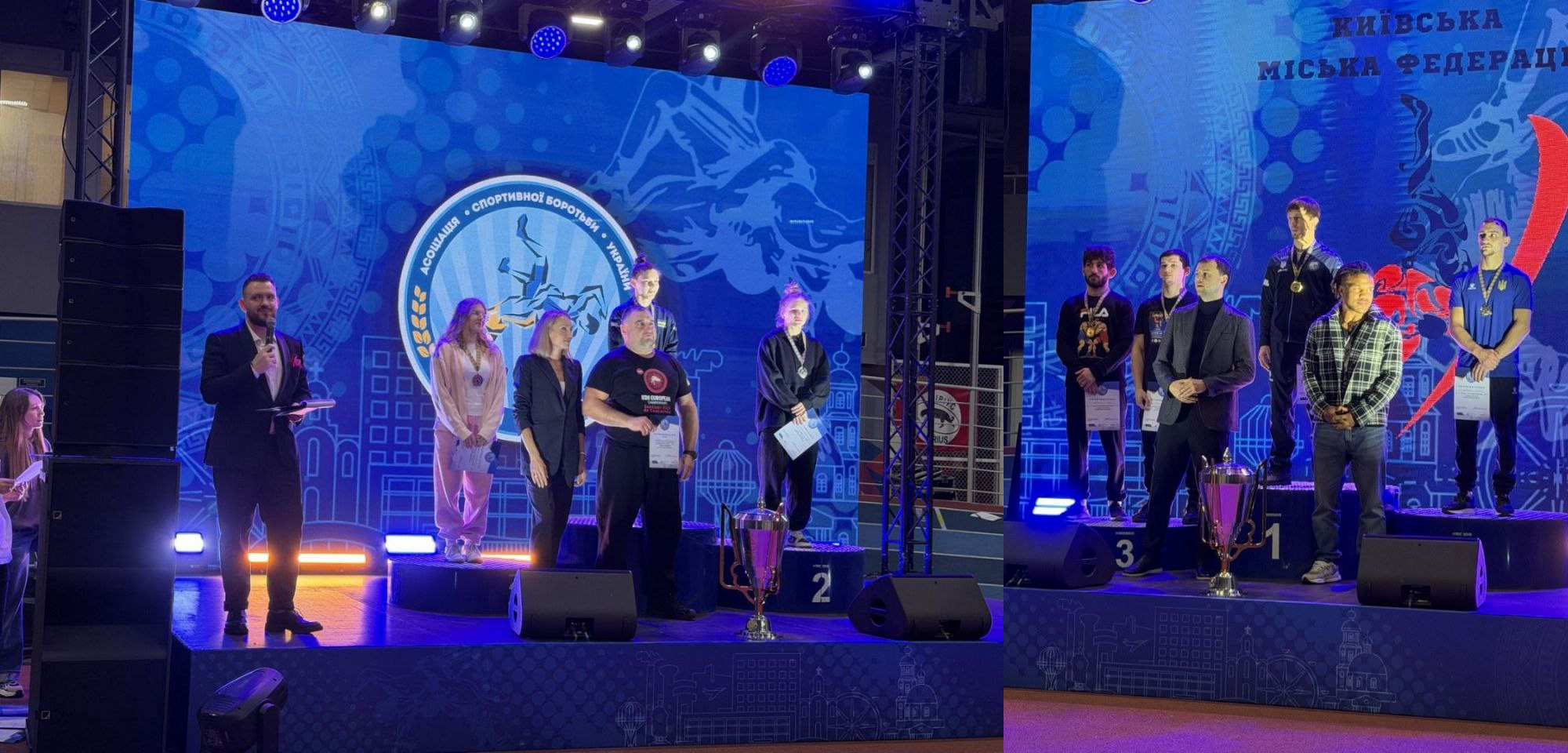 Церемонія нагородження спортсменів на синій сцені. Чоловік у костюмі веде захід, а група спортсменів, включно з переможцями на п'єдесталі стоять із медалями та сертифікатами біля двох великих кубків.