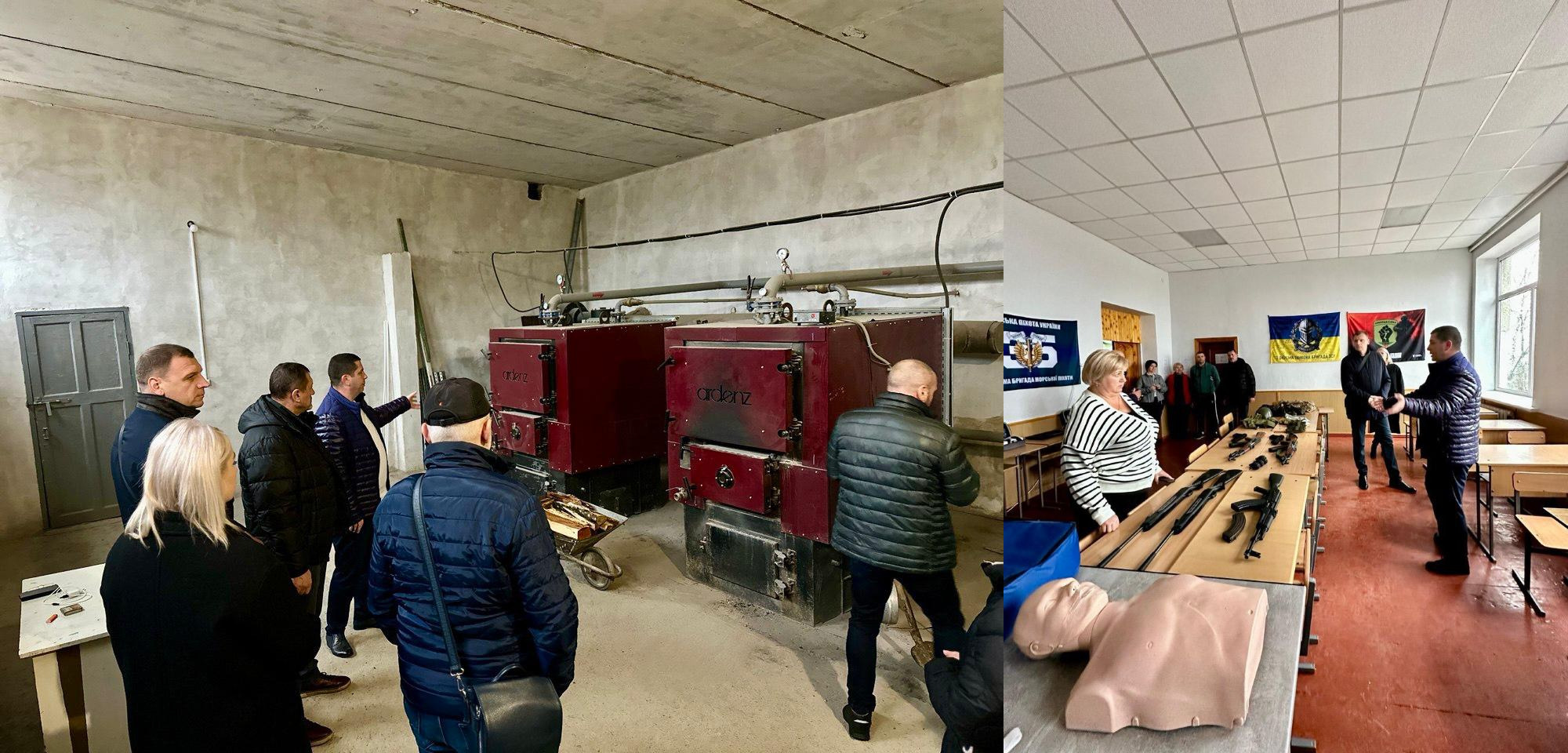 Колаж із двох фотографій: ліворуч — група людей у котельні оглядає великі червоні котли ARDENE; праворуч — люди в класі з прапорами та зброєю, що лежить на столах, схоже на урок домедичної допомоги чи військової підготовки, з манекеном для надання першої допомоги на передньому плані.