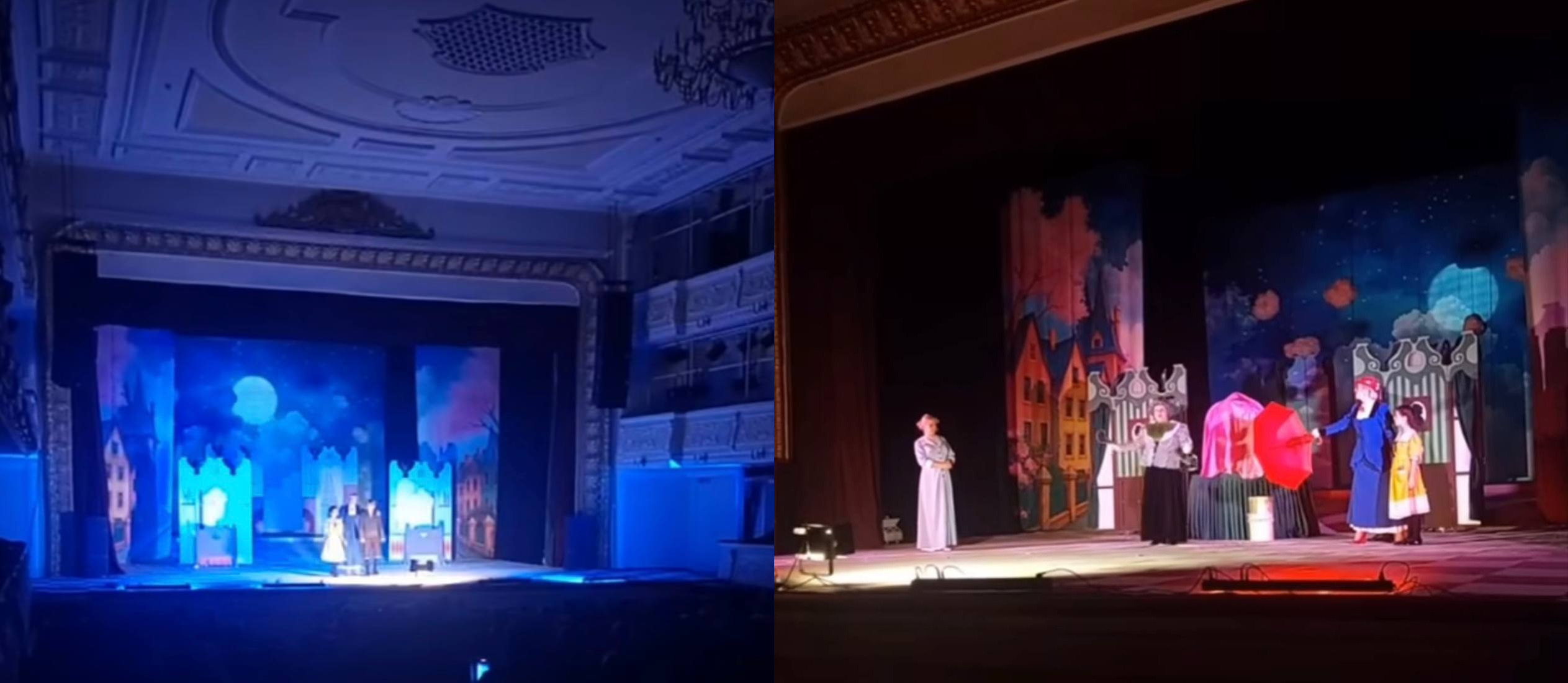 Колаж із двох фотографій театральної сцени під час вистави. На лівій частині показано загальний вигляд зали з великою сценою та декораціями нічного міста під блакитним освітленням. На правій частині — вигляд сцени зблизька, де актори у костюмах виконують свої ролі на фоні яскравих декорацій будівель та нічного неба з повним місяцем.