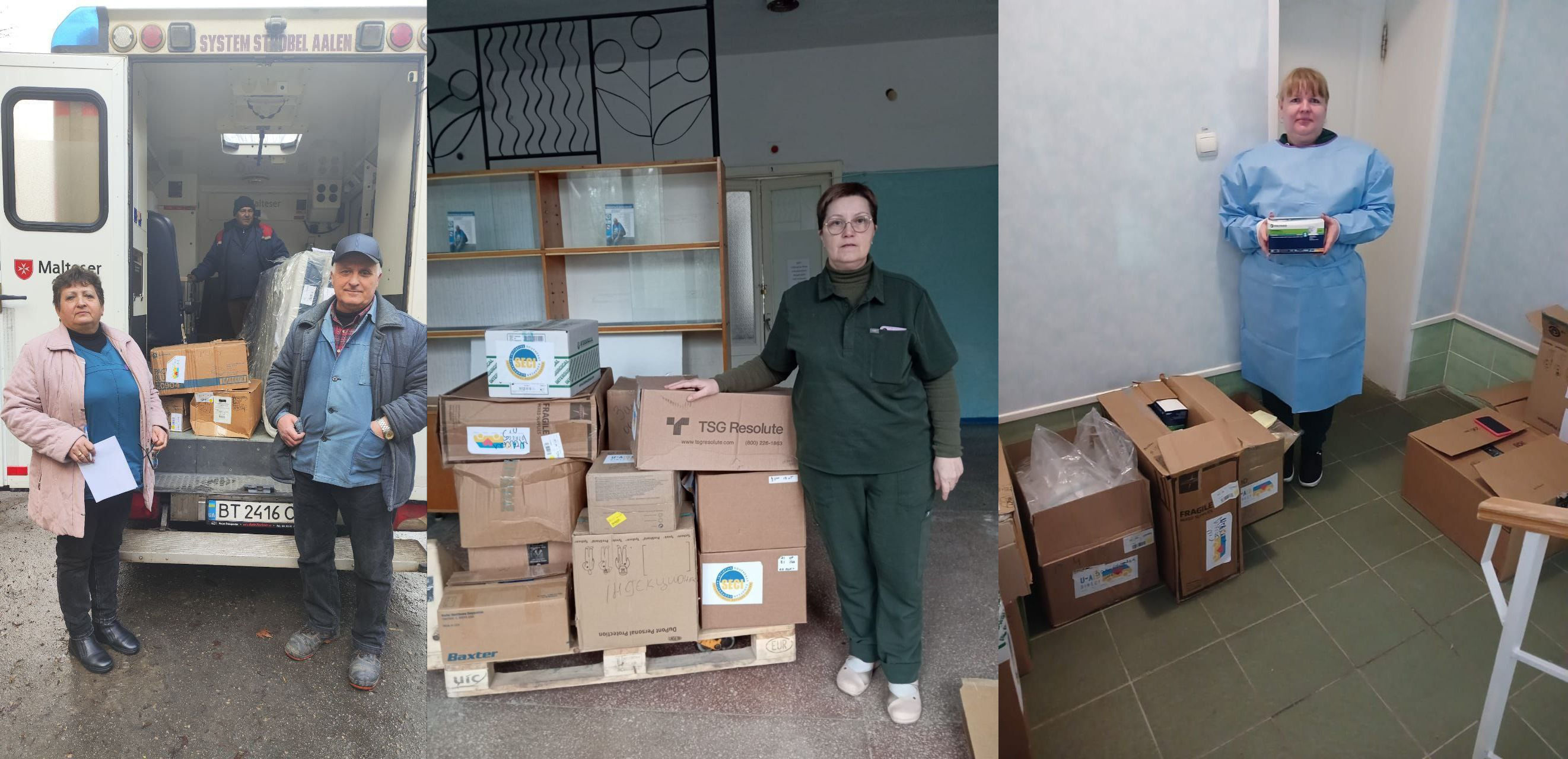 Колаж із трьох фотографій, що ілюструють процес отримання та розвантаження гуманітарної допомоги. На першому фото — люди біля відкритого вантажного медичного автомобіля з коробками. На другому та третьому — працівники медичної або соціальної установи поряд із пакунками та медичними товарами у приміщенні.