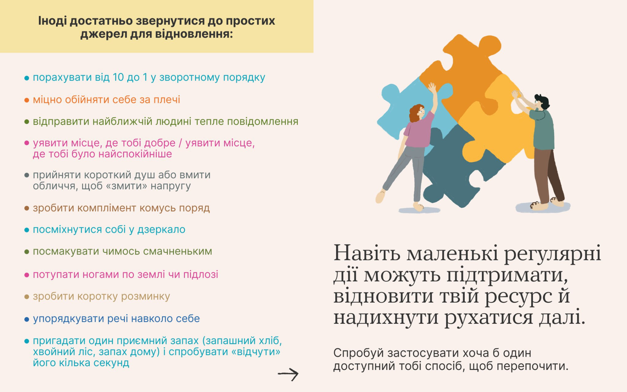 Інфографіка зі списком мікродій для самодопомоги: рахунок у зворотному порядку, обійми, теплі повідомлення, розминка та вправи на уяву. Праворуч — ілюстрація двох людей, які складають великий пазл, що символізує відновлення ресурсу через малі кроки.