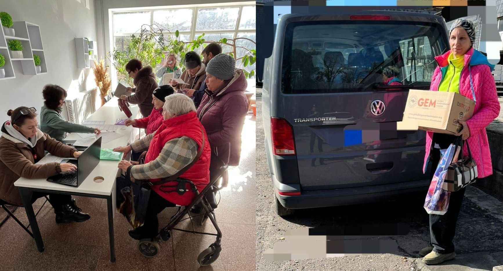 Два зображення, об'єднані горизонтально: ліворуч люди реєструються або отримують допомогу за столом у світлій кімнаті, праворуч жінка стоїть біля сірого мікроавтобуса Volkswagen Transporter, тримаючи картонну коробку з логотипом 