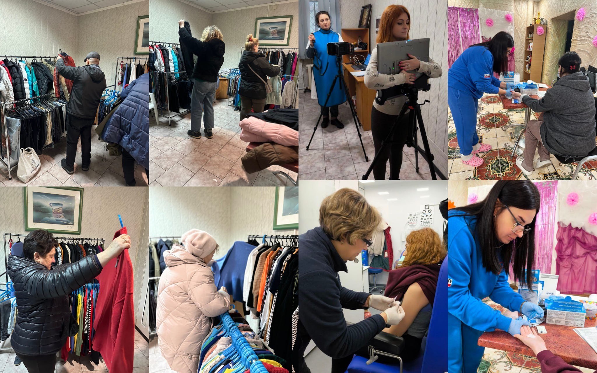 Колаж із восьми кадрів, що демонструють різноманітну допомогу: люди вибирають одяг у приміщенні (чотири кадри), відбувається відеозйомка або інтерв'ю (один кадр), медичні працівники роблять уколи та беруть аналізи (три кадри).